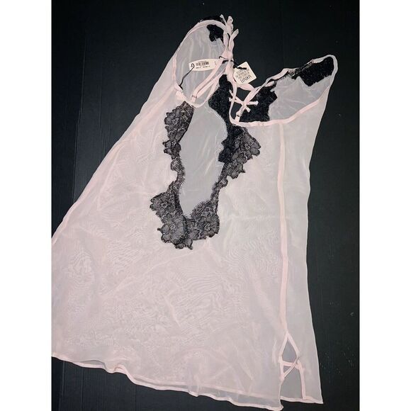 Victoria's Secret S slip BABYDOLL ice PINK BLACK lace GOLD DREAM ANGELS LONDON - Picture 4 of 4